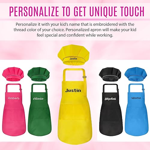 Miniatura 21 de Juego de delantal personalizado y sombrero de chef, bonito disfraz de chef para niños, delantales con bolsillos para cocinar, pintar, fiestas Negro