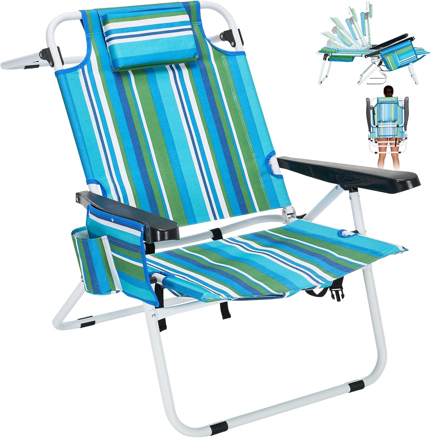 ABORON 17'' Tall Folding Beach Chair with Backpack Straps, 5-Position Reclining Lounge Chair, Heavy Duty 600D Oxford Fabric, Insulated Cooler Bag & Side Pocket for Outdoor, Camping, Poolside