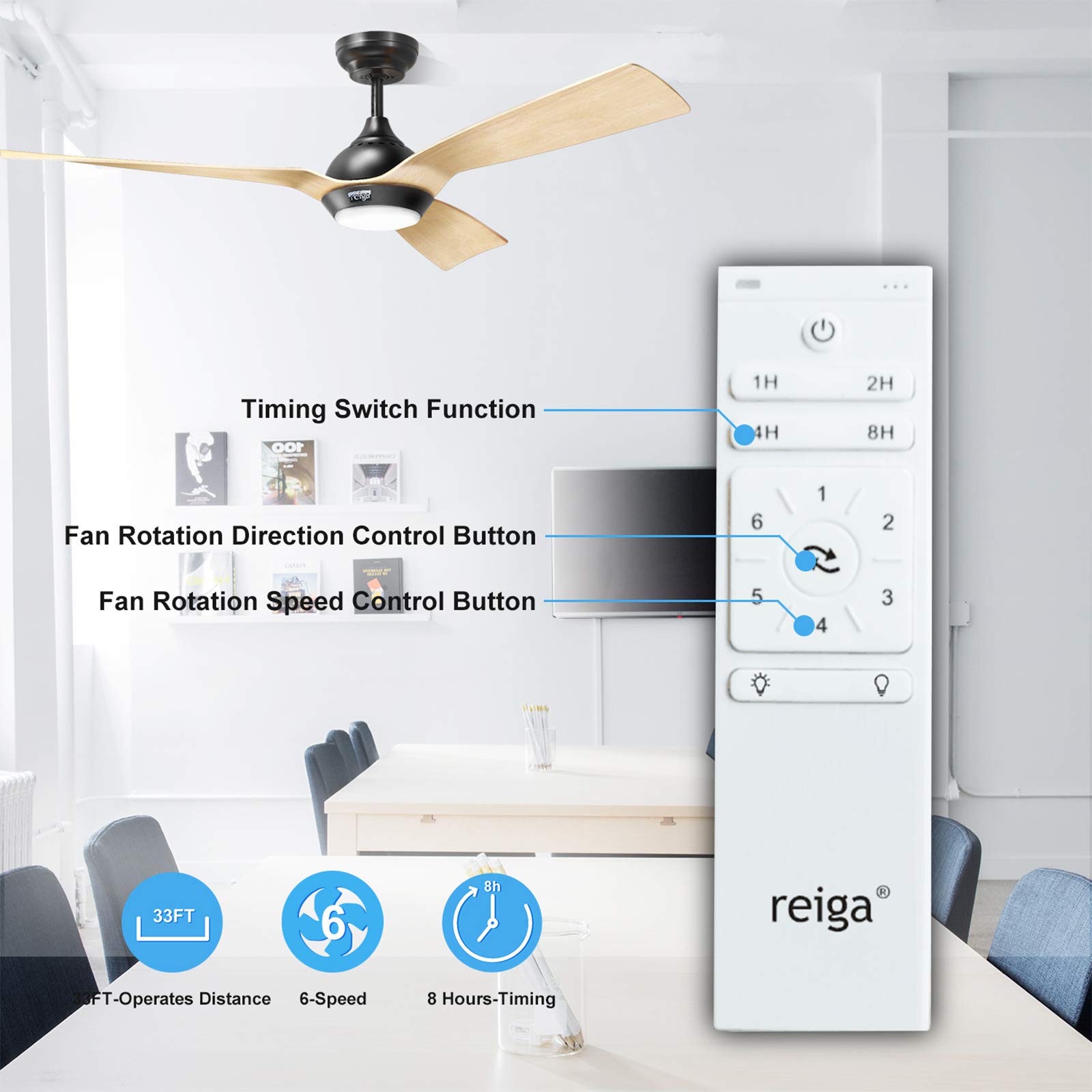 reiga 52Inch DC Motor Ceiling Fan with Light Kit Remote Control, 3 Oak