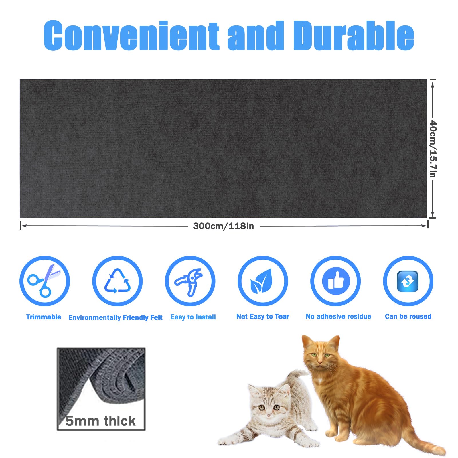 Selbstklebende Kratzmatte Katzen,40×300cm Kratzmatte für Katzen,DIY Kratzbretter Katze Wand,kratzmatte Sofa,Kratzschutz Katzenkratzmatte AntiKratz Tape für Protect Your Furniture (Dunkelgrau)