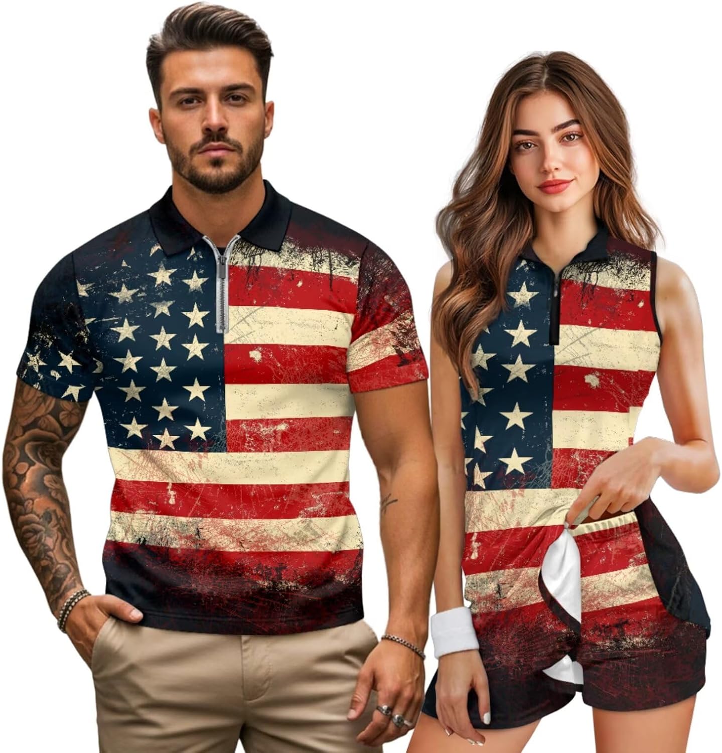 NDISTIN Summer Golf Outfits for Couples Men Slim Fit Shirts Women Sleeveless Tennis Dress with Built-in Shorts
