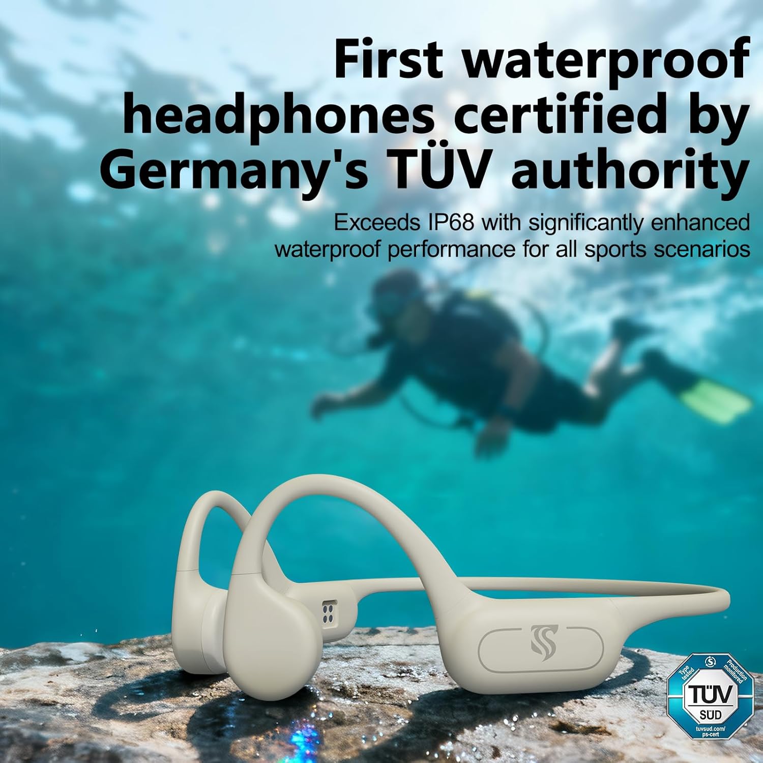 Bone Conduction Headphones IPX8 Waterproof Swimming Headphones Open Ear Headphones with MP3 Mode 32GB Memory 8H Playtime Bluetooth 5.4 Ear Buds Secure Fit for Running and Fitness (Apricot)