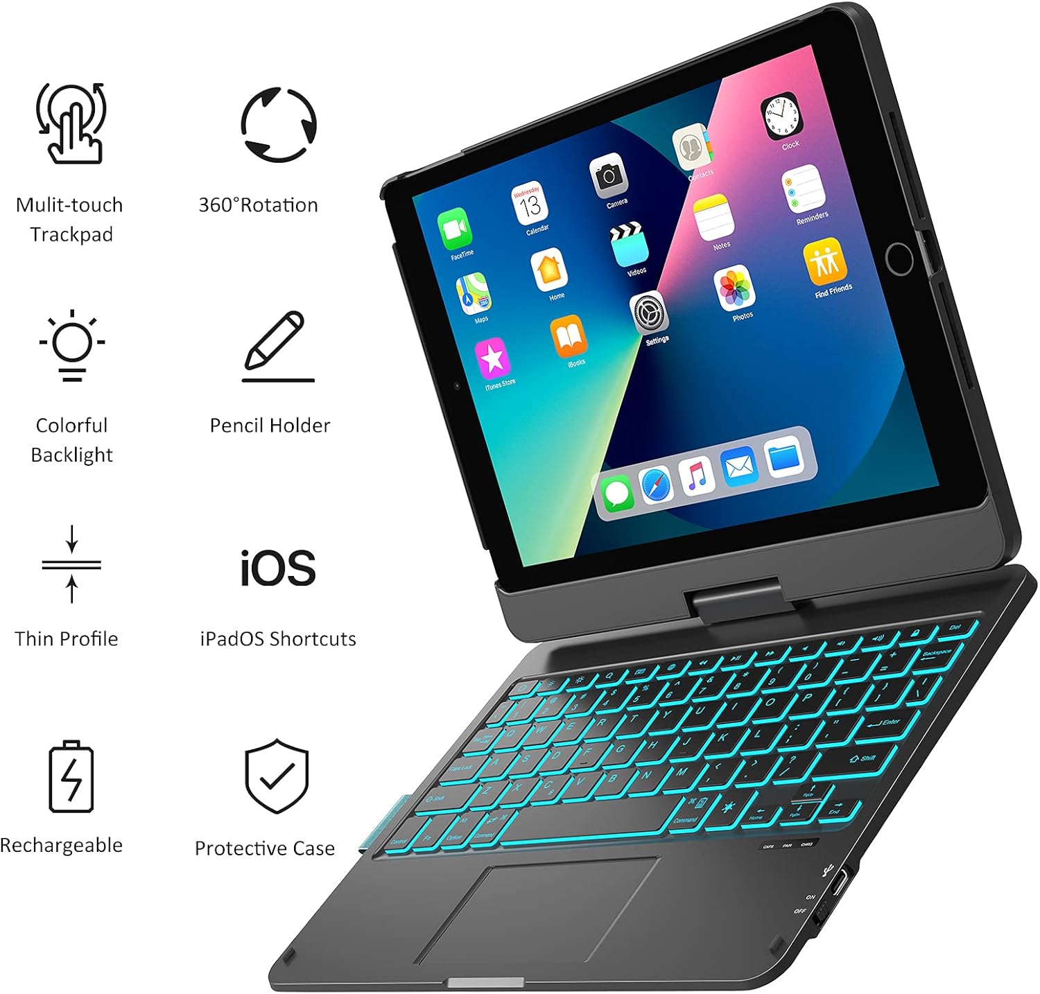 Hоttеѕt Sаlе iPad 9th Generation Case with Keyboard, CHESONA Trackpad Keyboard for iPad 8th Gen 10.2 Inch, 7 Color Backlight, 360° Rotatable, Slim Cover with Touch Keyboard for iPad 7th/Air 3/Pro 10.5 Inch, Black