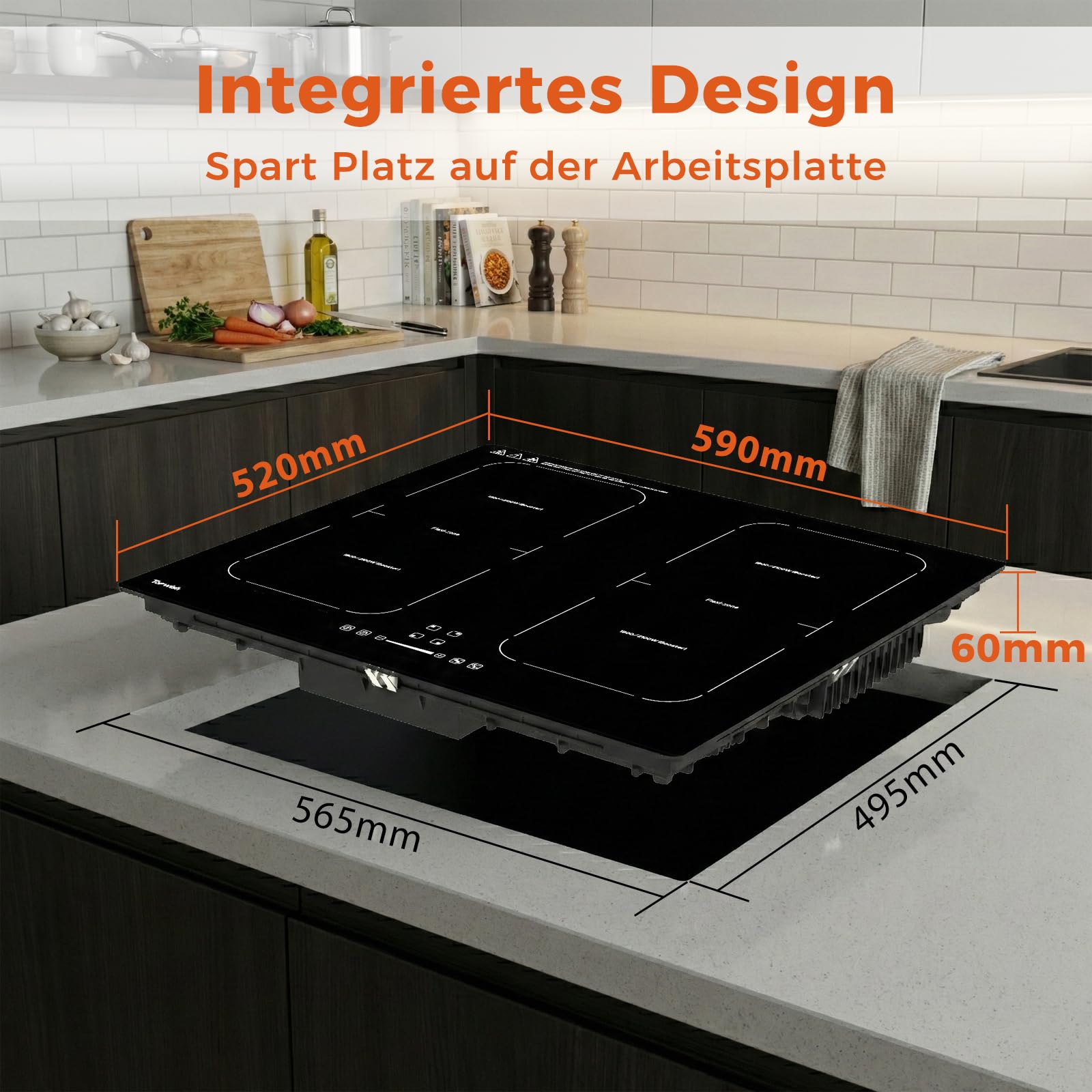 Topwish Induktionskochfeld 4 platten mit Flexzonen, Induktionskochfeld 60cm | Herdplatte 4 Kochfelder mit Boost-Funktion, Timer, Kindersicherung, Überhitzungsschutz und Warmhalten, 7200W