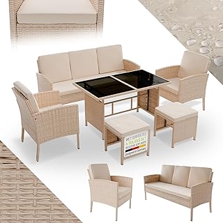Juskys Gartenmöbel Set Polyrattan 6-teilig – Lounge Möbel Turin für 7 Personen mit Sesseln, Hockern, Tisch & Kissen, wetterfeste Balkonmöbel Sitzgruppe – Creme