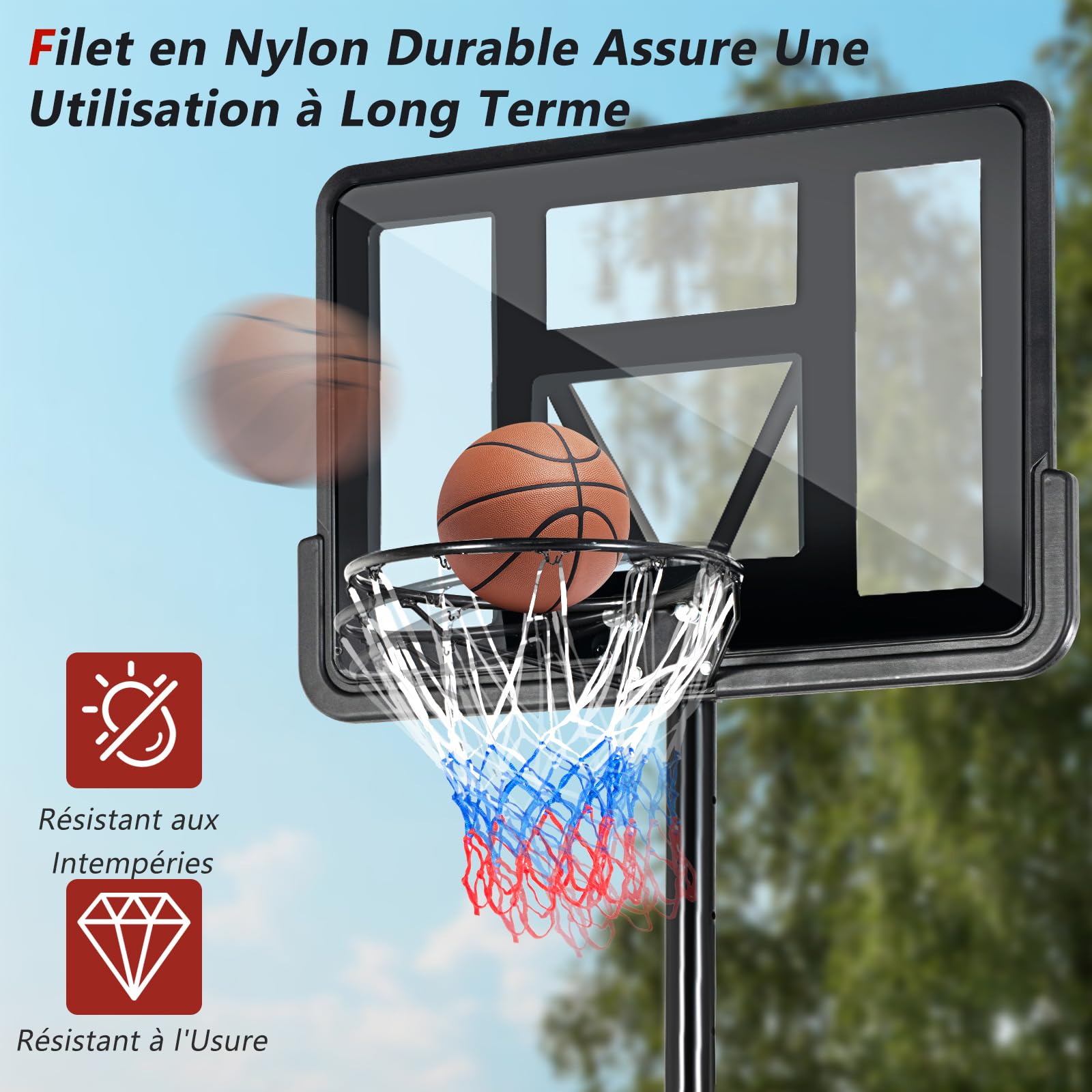 GYMAX Panier Basket Extérieur pour Enfants Adultes, Hauteur Réglable 130-305CM, Mobile Portable avec Roues, Base Stable Remplissable, Panneau Anti-bris