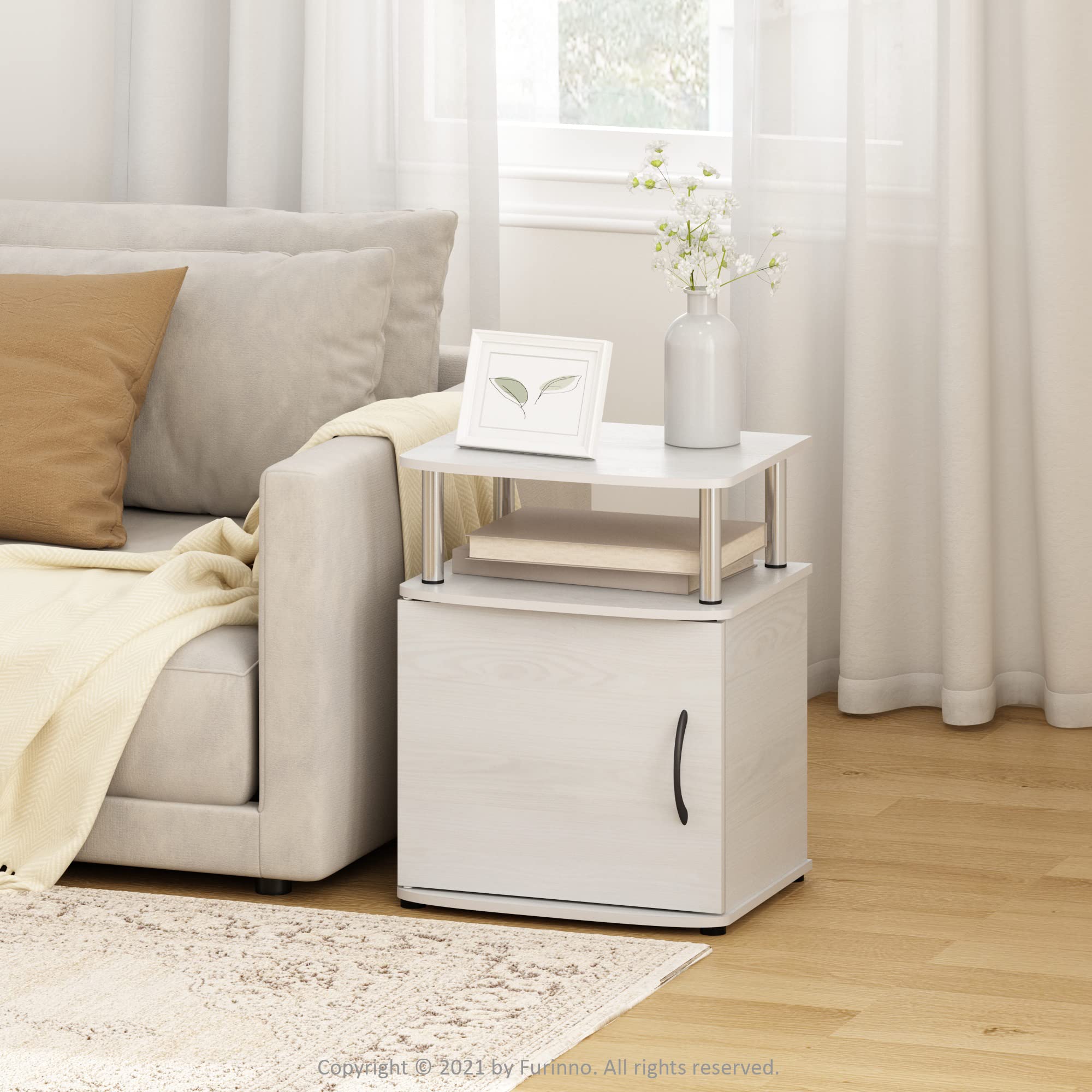 Furinno Jaya Tavolino dal Design Pratico, Legno ingegnerizzato, Rovere Bianco/Acciaio Inossidabile, Set di Due, 2 unità