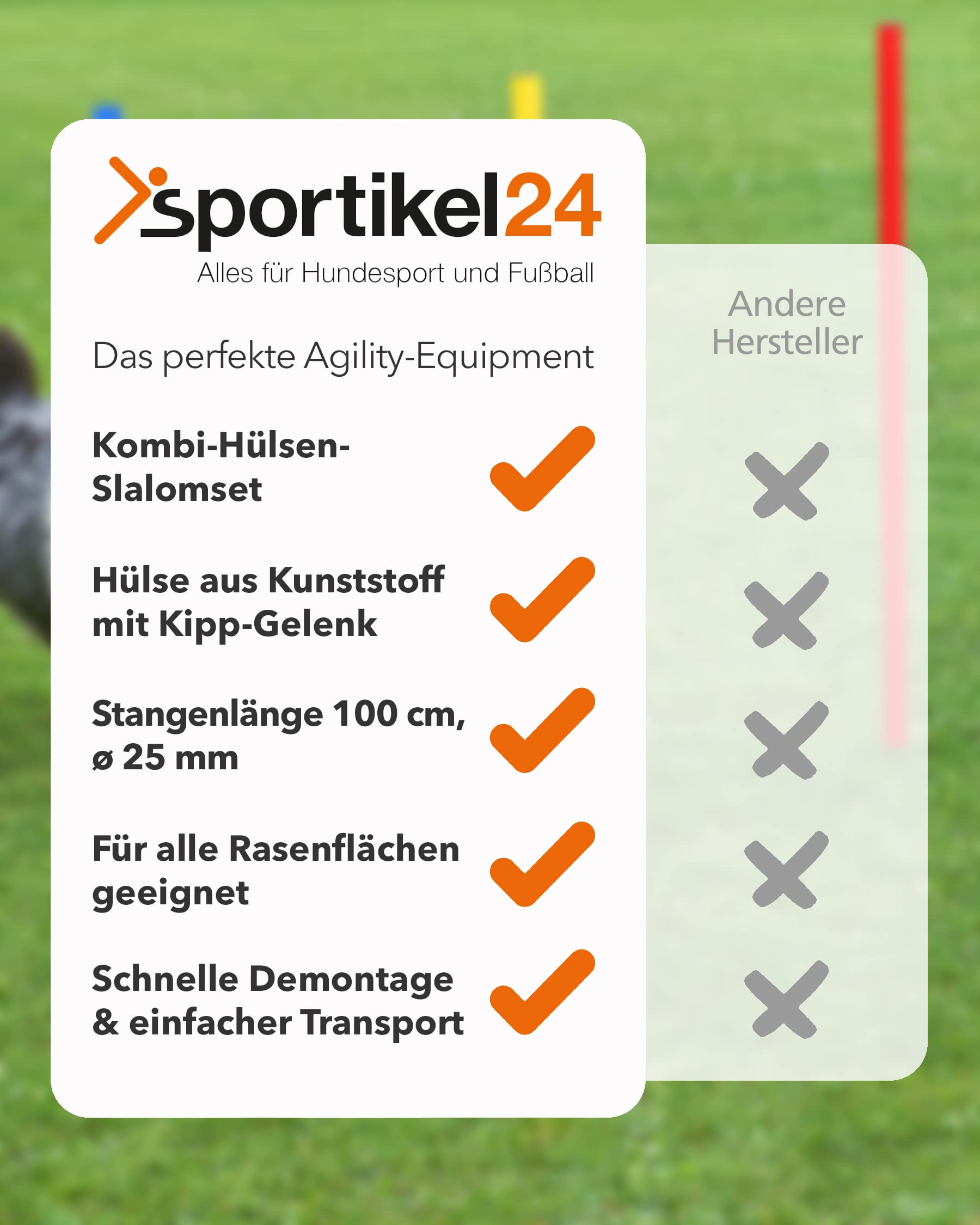 Kombi-Hülse aus Kunststoff mit Kippgelenk & Slalomstange 100 cm – 4er Set – für Slalom & Koordinationstraining – für Fußball, Leichtathletik & Hundesport – Agility-Stangen