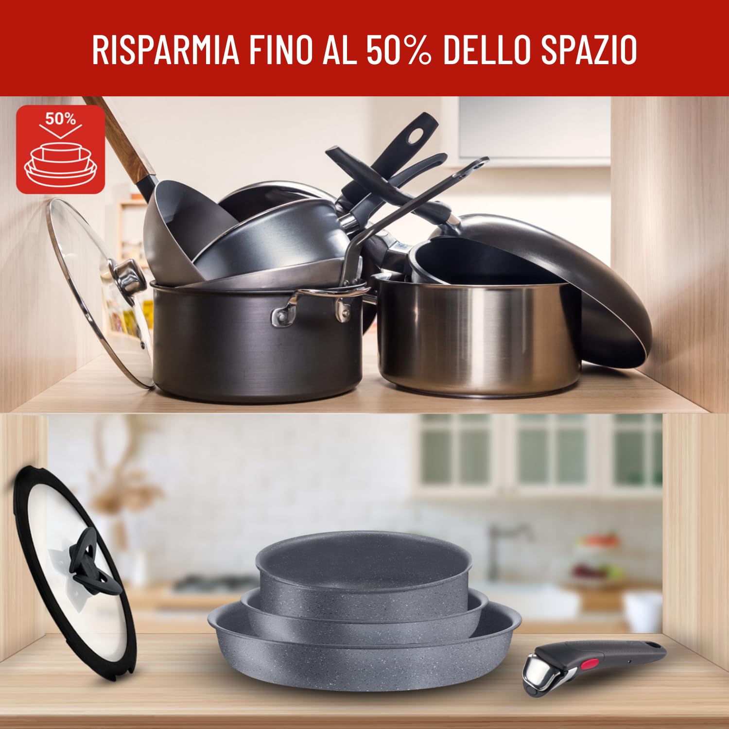 Lagostina Ingenio Mineralis Eco Set Padelle Antiaderenti in Alluminio 100% Riciclato, Adatto all’Induzione, 10 Pezzi, Casseruola 16cm, Padella 28cm, Tegame 24cm, Wok 26cm, 5 Coperchi e Manico