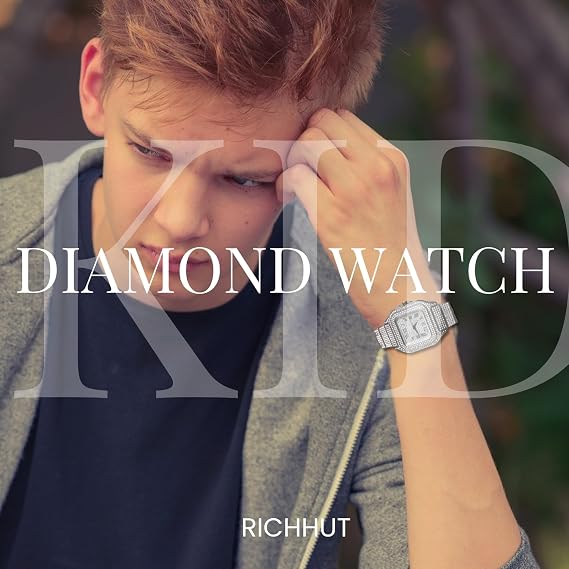 Luxury Diamond Watch for Kids Teen - Iced Out Bling 18K Real Gold/Platinum/Rhodium Black Plated - 40mm Square Dial Strap 18.5cm - Adjuster Tool Included - Optional with Cuban Chain