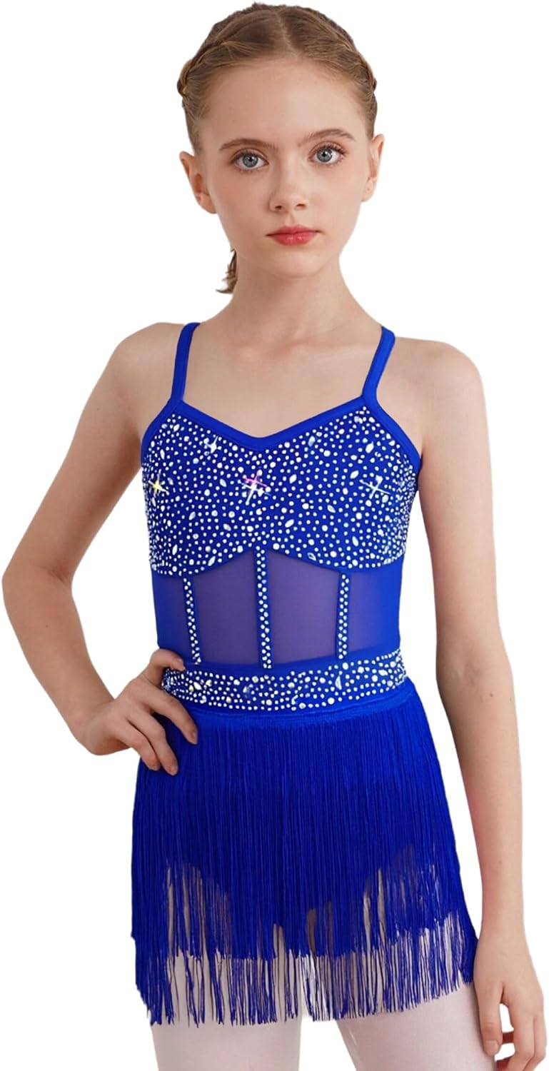 FEESHOW Girls Glitter Rhinestone Tassel Latin Dance Dress Sparkly Fringe Skirted Leotard Jazz Salsa Ballroom Dancewear