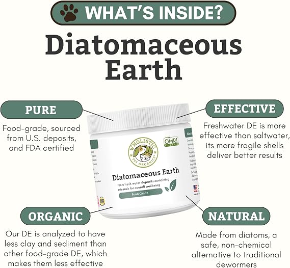 Wholistic Pet Organics Diatomaceous Earth - Food Grade for Dogs & Cats - 4 Oz - Multi Use Powder - Pet Safe Non-Chemical Freshwater Sourced Silica Supports Overall Health - Made in USA - 32 Scoops