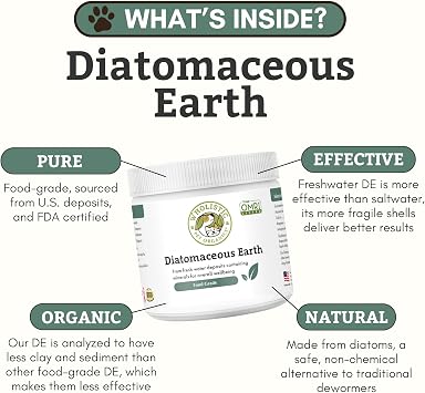 Wholistic Pet Organics Diatomaceous Earth - Food Grade for Dogs & Cats - 4 Oz - Multi Use Powder - Pet Safe Non-Chemical Freshwater Sourced Silica Supports Overall Health - Made in USA - 32 Scoops