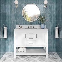 ARIEL 43" White Bathroom Vanity, 1.5" Edge Pure White Quartz Countertop & Splash, Rectangular Sink, 2 Soft Closing Doors, 2 Dovetail Full Extensions Drawers, Open Storage Space,Brushed Nickel