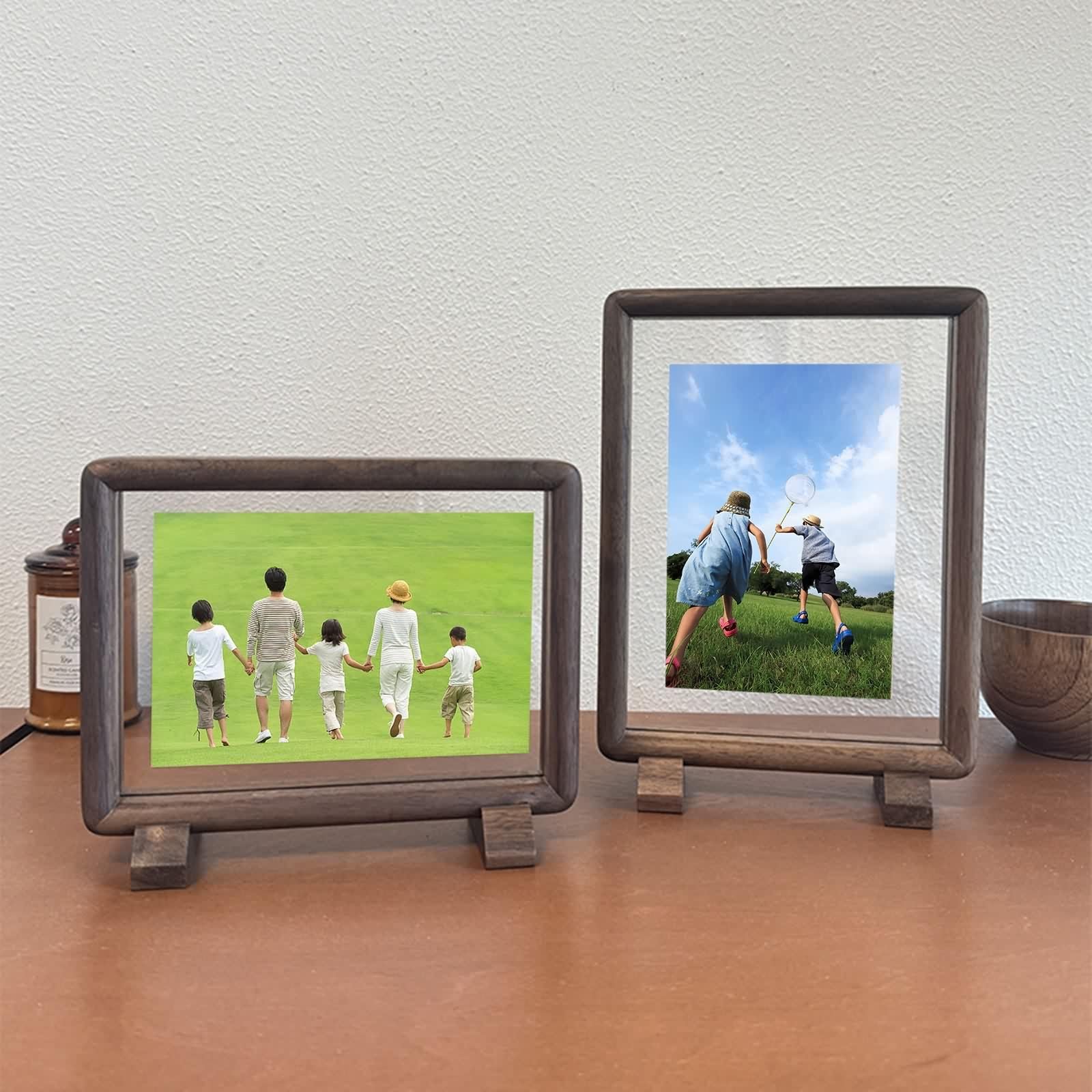 Fotorahmen 10X15, Picture Frame Nussbaum Rechteck Holz Acryl Horizontal/Vertikal für Tischplatte