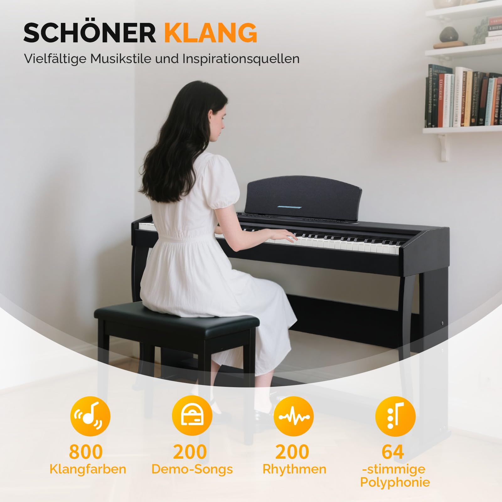 Bonnlo Digitalpiano mit 88 gewichteten Tasten, E-Piano Keyboard mit 3-Pedal-Einheit für Anfänger, MIDI-USB, Doppel-Bluetooth, LCD-Display, Stereolautsprechern, 800 Klänge und 200 Rhythmen, Schwarz