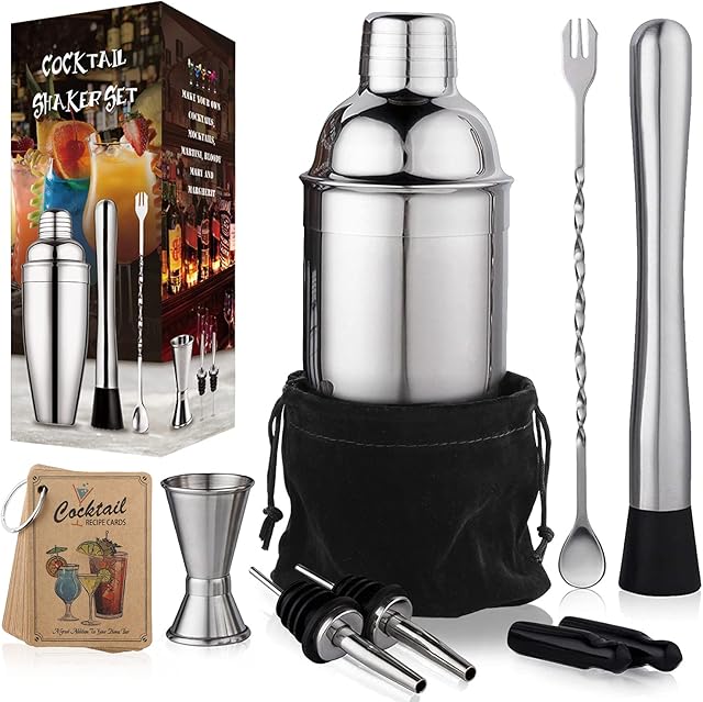 (Silver) - Aozita Stainless Steel Cocktail Shaker Set Includes 710ml Martini Shaker - Built-in Strainer/25cm Mixing Spoon and Muddler/Cocktail Jigger/Liquor Pourer/Cocktail Recipes