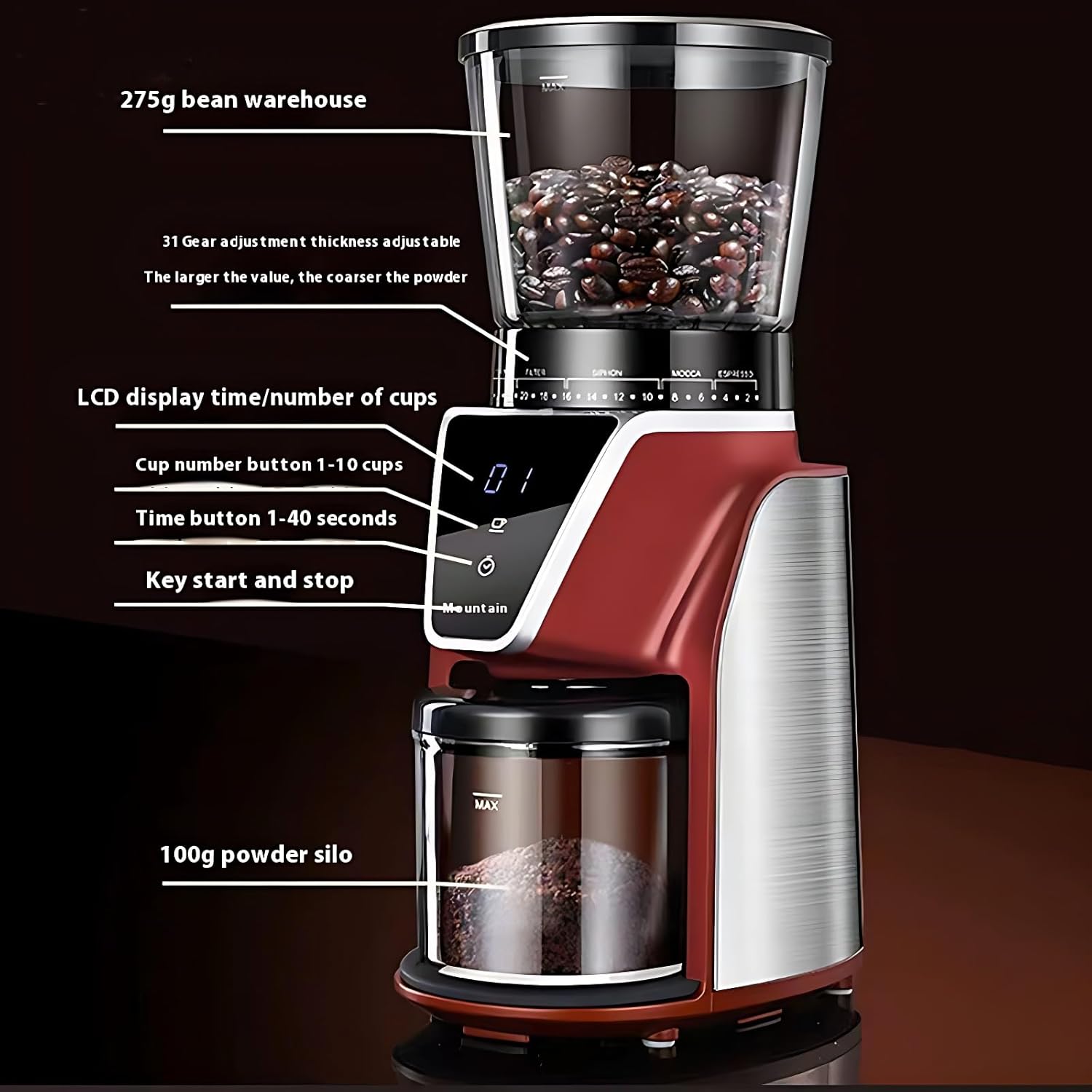 Electric Coffee Bean Grinder, 165W Coffee Grinder with LED Display and Timer, 40MM Stainless Steel Conical Burrs for Coffee Beans