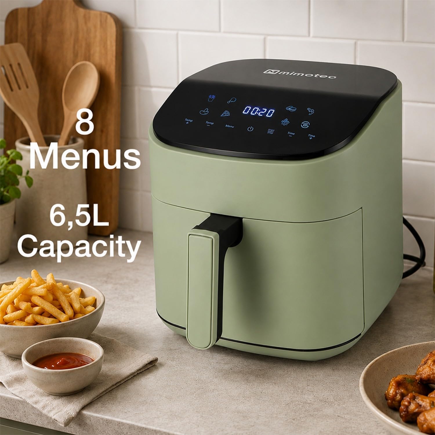 M mimotec – Air Fryer Green Sara Touch 6,5L, bezolejowa frytkownica powietrzna, 1600W, 8 menu cyfrowe, ekran dotykowy, funkcja grilla, regulowany timer, temperatura 80-200 °C, zdrowa kuchnia