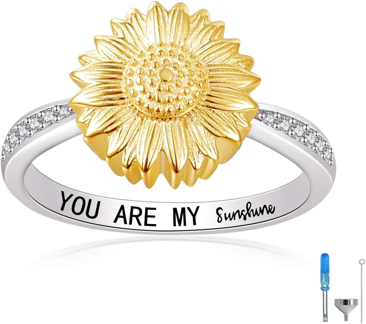 You are My Sunshine Urn Ring 925 Sterling Silver Keepsake Memorial Cremation Sunflower Ashe Ring for Women