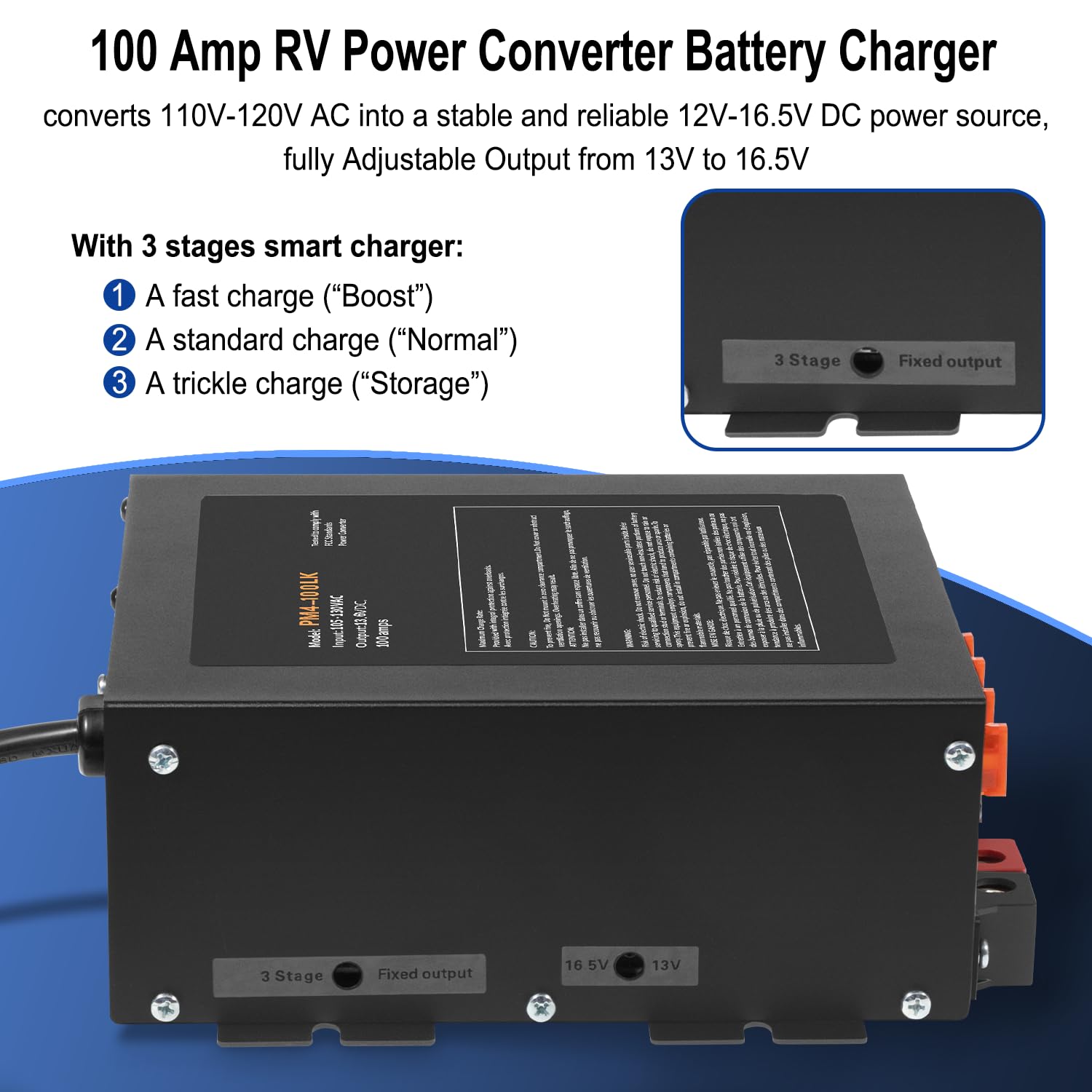 100 Amp RV Power Converter, 110VAC to 12VDC, Lithium Compatible, 100A RV Power Charger with Built-in 3 Stage Smart Battery Charger