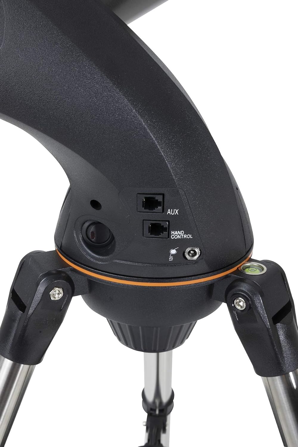 Close-up of Celestron Nexstar 5SLT mount ports for auxiliary and hand control