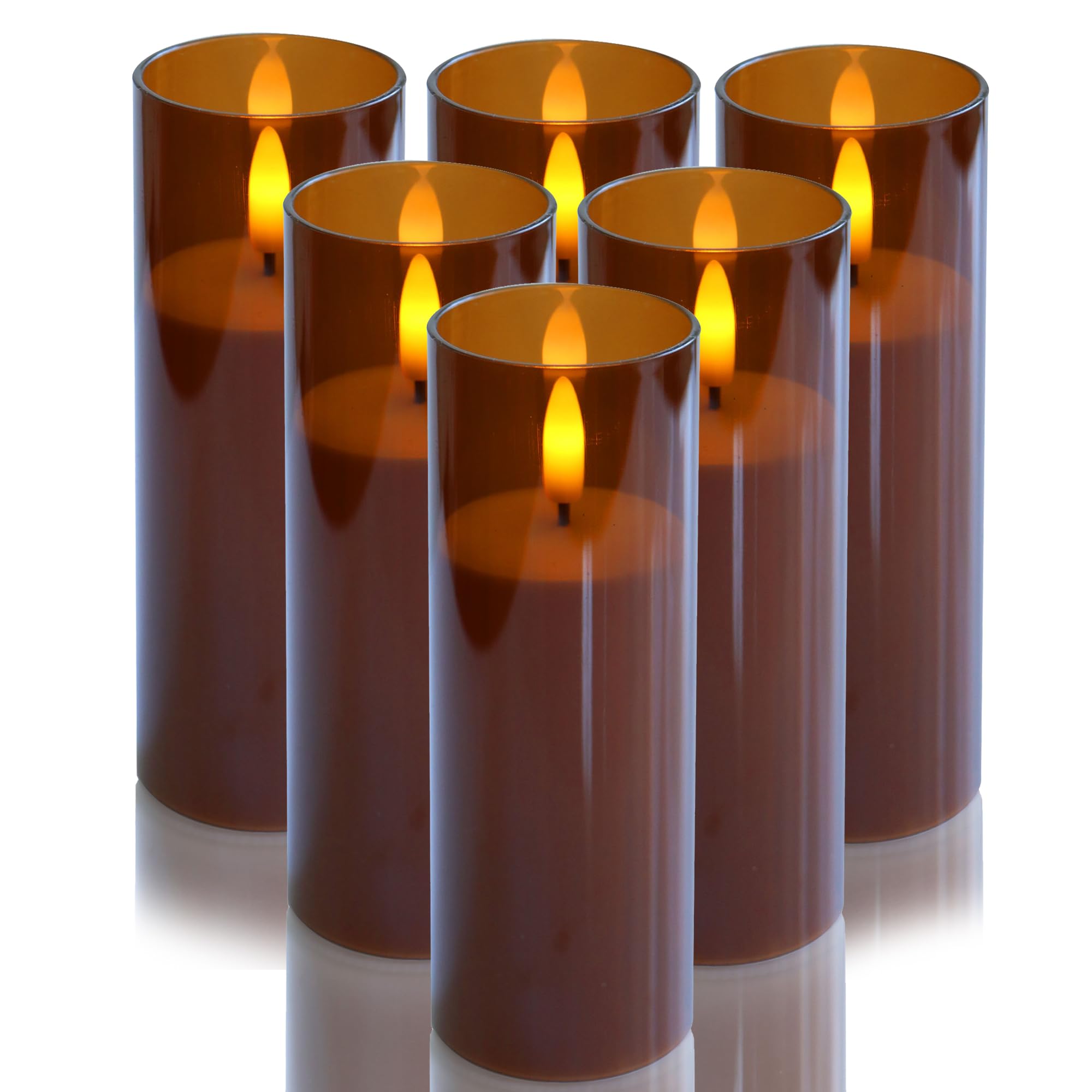 CANDLE CHOICE Indoor Outdoor Flameless Candles with Timer Waterproof Realistic Flickering Battery Operated Pillar LED Lights with Acrylic Shell Wedding Party Christmas Decorations 6 Pack 2”x6” Brown