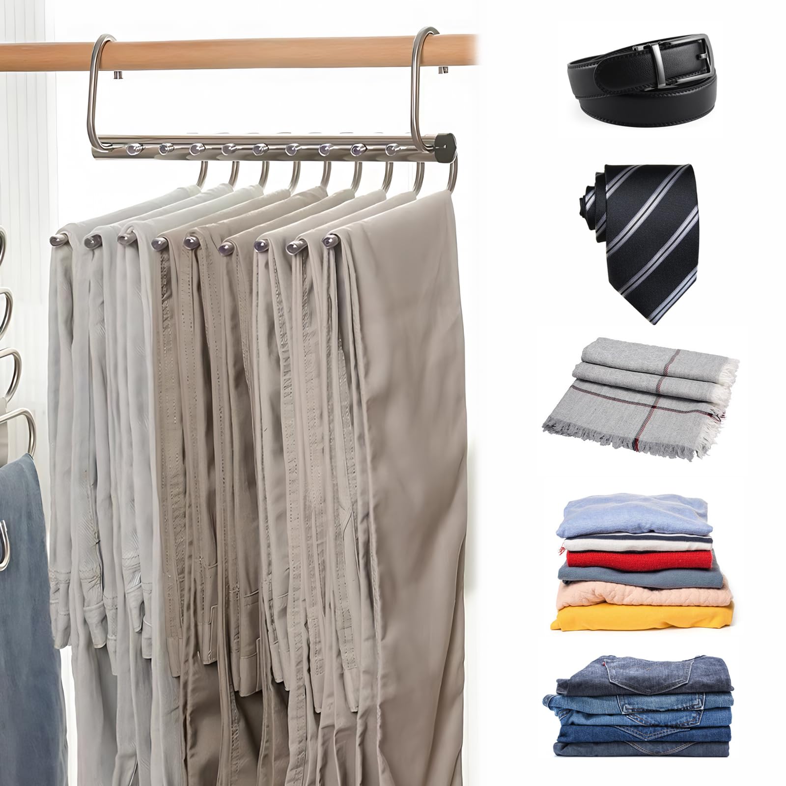 9 in 1 Grucce Pantaloni Salvaspazio, 2 Pezzi Gruccia Pantaloni, Acciaio Inox Antiscivolo Multifunzione Appendini, Porta Pantaloni per Armadio, Appendi Pantaloni da Armadio, per Jeans, Sciarpe, Gonne