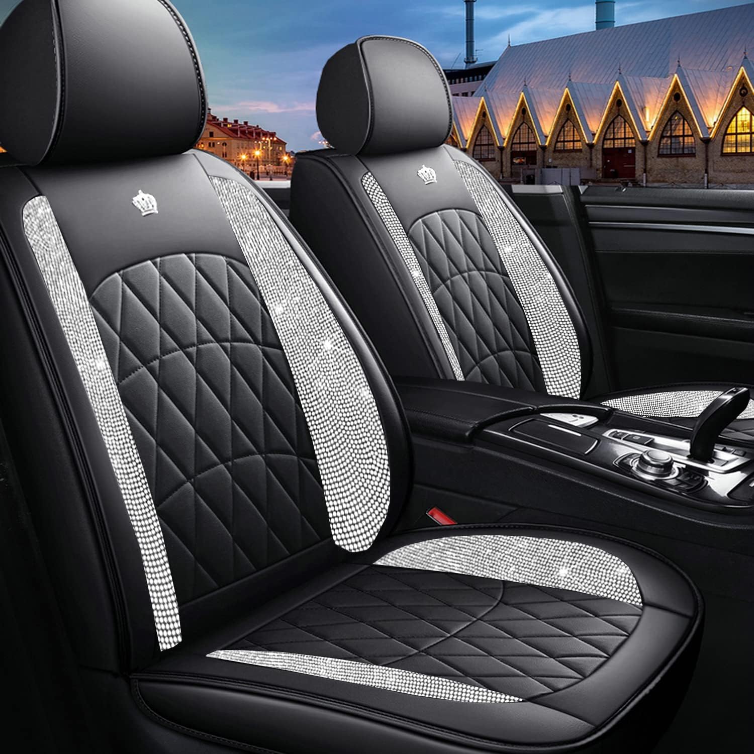 Bling Car Seat Covers for Women Girls, Leather Front Seat Covers, Rhinestones Car Seat Protectors Anti-Slip Universal Fit Accord Kia Corolla Camry Ford Escape Hyundai Buick Toyota Sienna Rav4