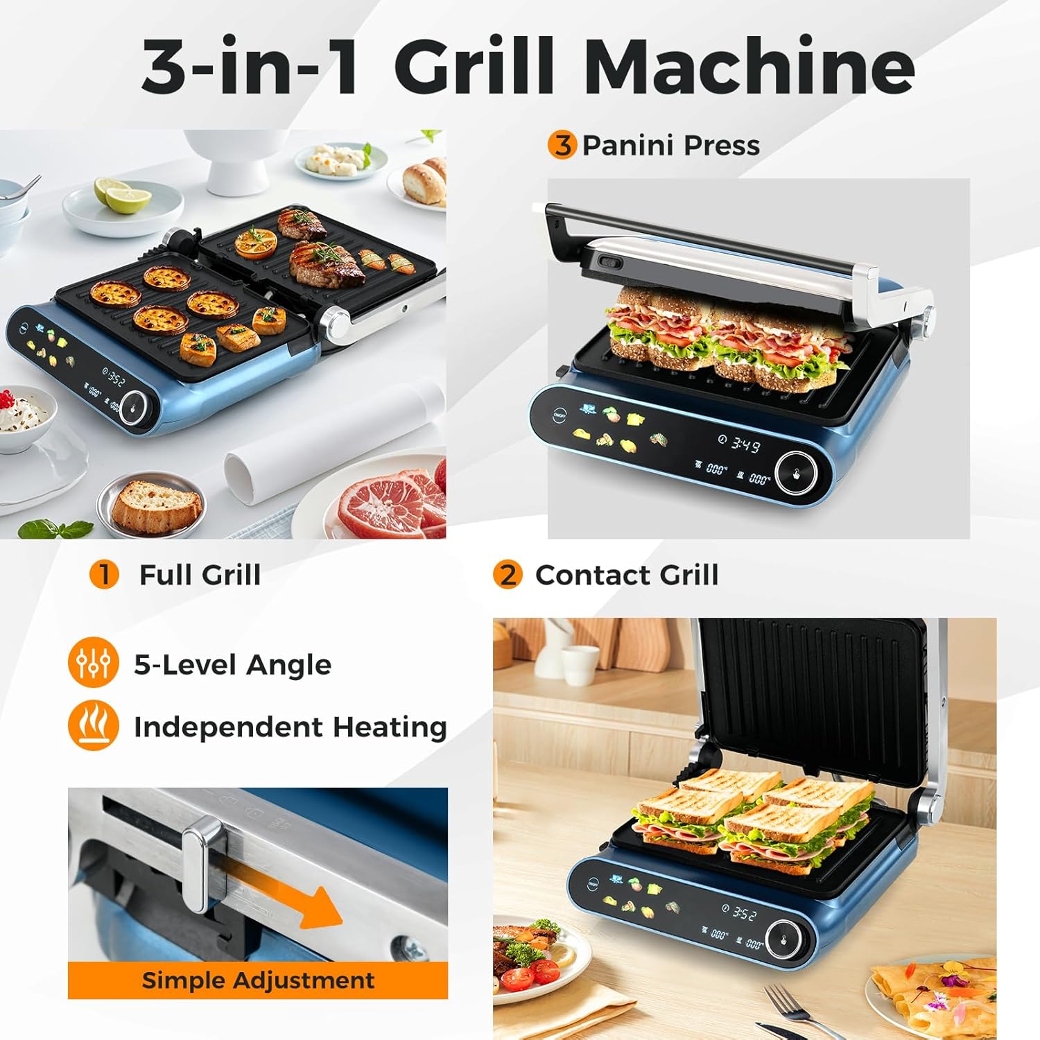 Electric Grill Indoor, Panini Press Sandwich Maker with Non-stick Reversible Grill Plates, Drip Tray & LED Display, 7 Grilling Modes, Dishwasher Safe, 1200W