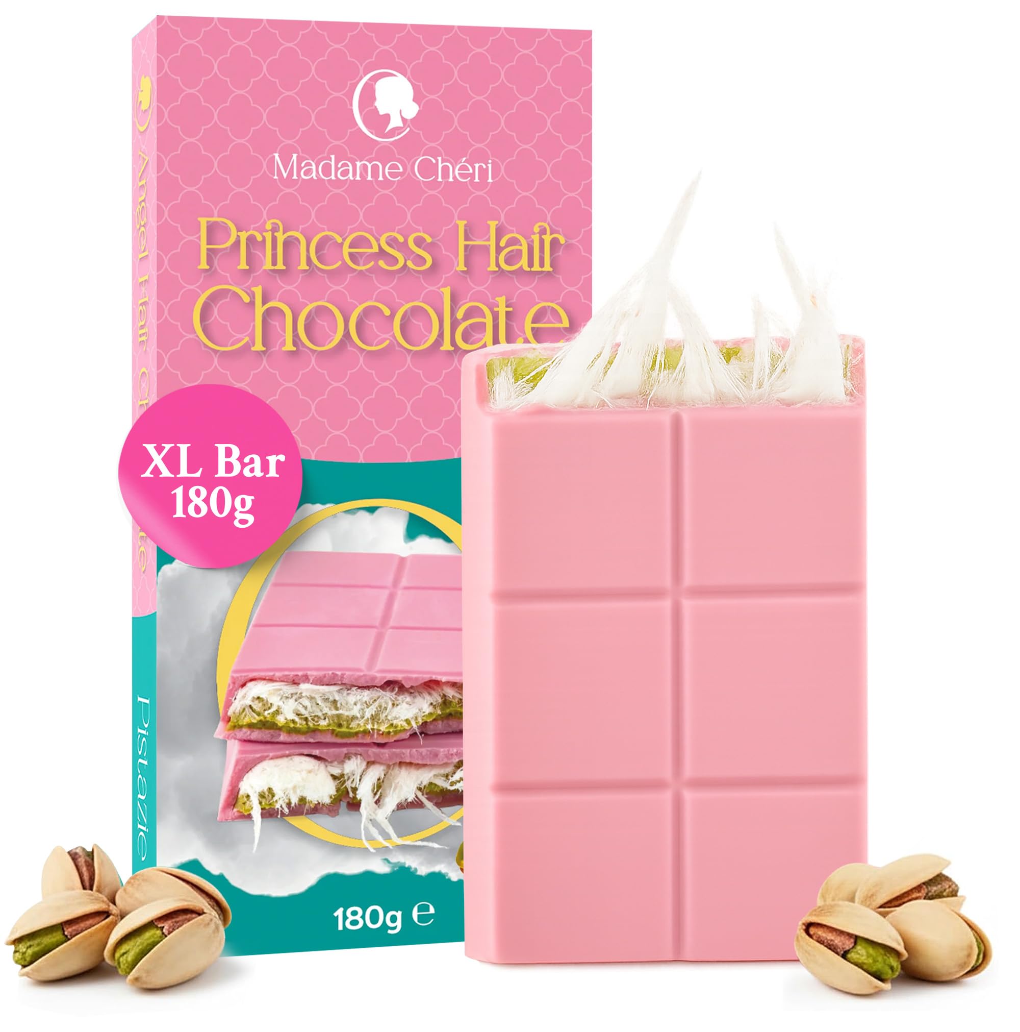 Madame Chéri Angel Hair Schokolade 180 g – Handgefertigt gefüllt mit Pismaniye & Pistaziencreme – zartschmelzend & rosa - mit türkischer Zuckerwatte – Ohne künstliche Farbstoffe