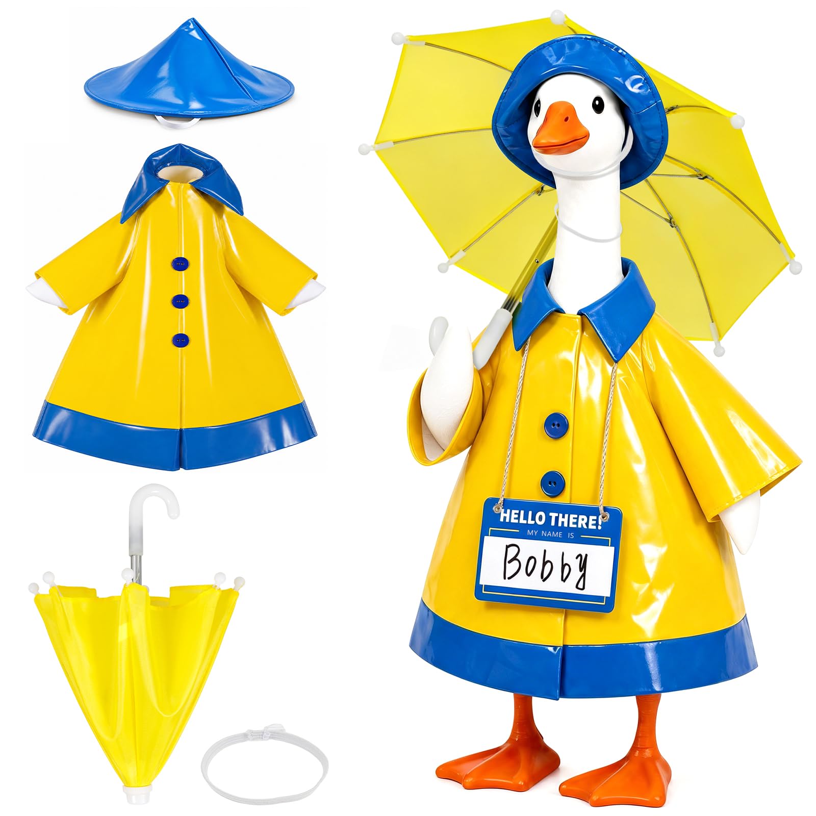 YUNYOUC Raincoat Porch Goose Outfits for 23 inch Statues Cute Lawn Goose Statue Raincoat Costume with Umbrella Hat for Summer Outdoor Patio Yard Lawn Decoration(Yellow and blue)