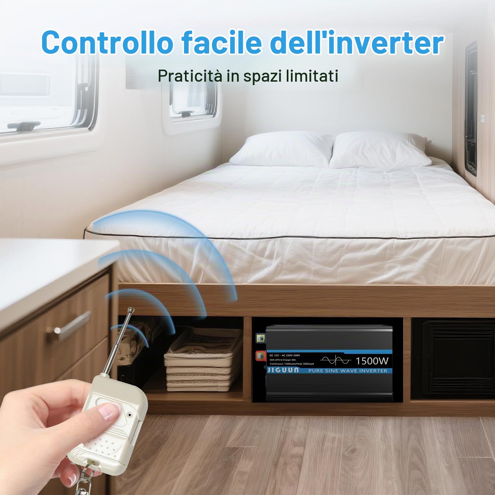 JIGUUN 1500W Inverter 12V 220V onda pura Trasformatore | caricatore 30A e circuito di priorità di rete e UPS，2 prese EU, telecomando wireless e display a LCD Potenza di picco 3000W