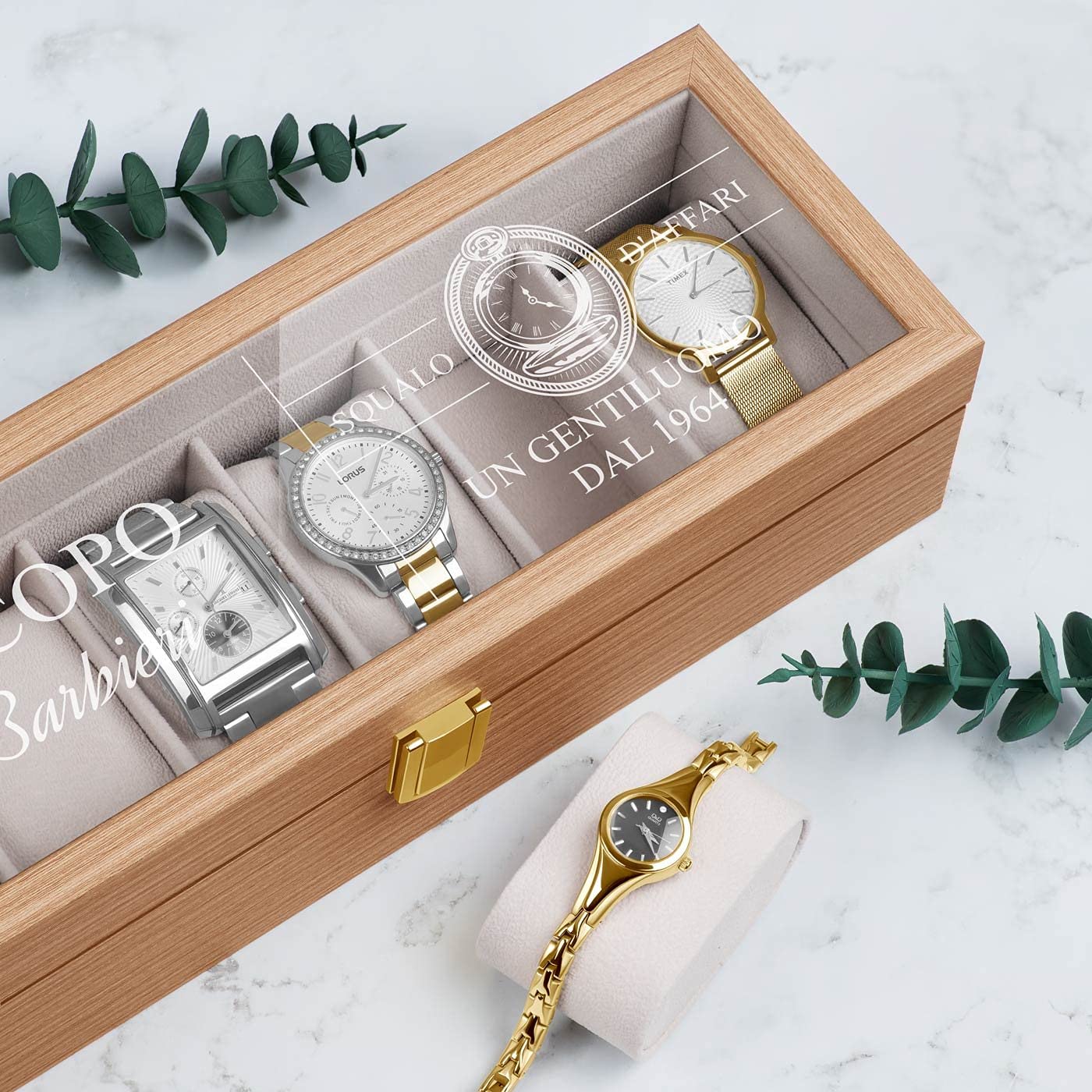 Maverton scatola porta orologi - con incisione personalizzata - in legno - custodia per 6 orologi - in legno - 31x11x8cm - regalo uomo - gentiluomo