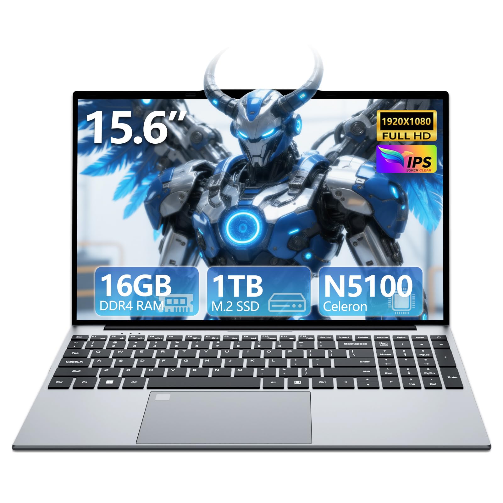 Ordenador Portátil Win 11 15,6" Full HD IPS 16GB RAM 1TB SSD Procesador Celeron N5100 (hasta 2,8 GHz) PC Portátil Teclado Retroiluminado con Lector de Huellas WiFi5 BT 4.2 HDMI USB 3.0 Batería 5000mAh