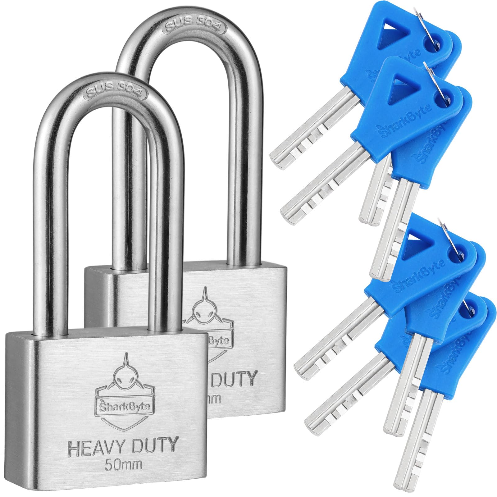 Sharkbyte 2 Pack [Never Rust] Heavy Duty Stainless Steel Long Shackle Padlock [50Mm] Outdoor Waterproof Lock With 4 Keys, Hardened Steel Body & Mechanism, Anti-Corrosion For Gates, Containers, Sheds