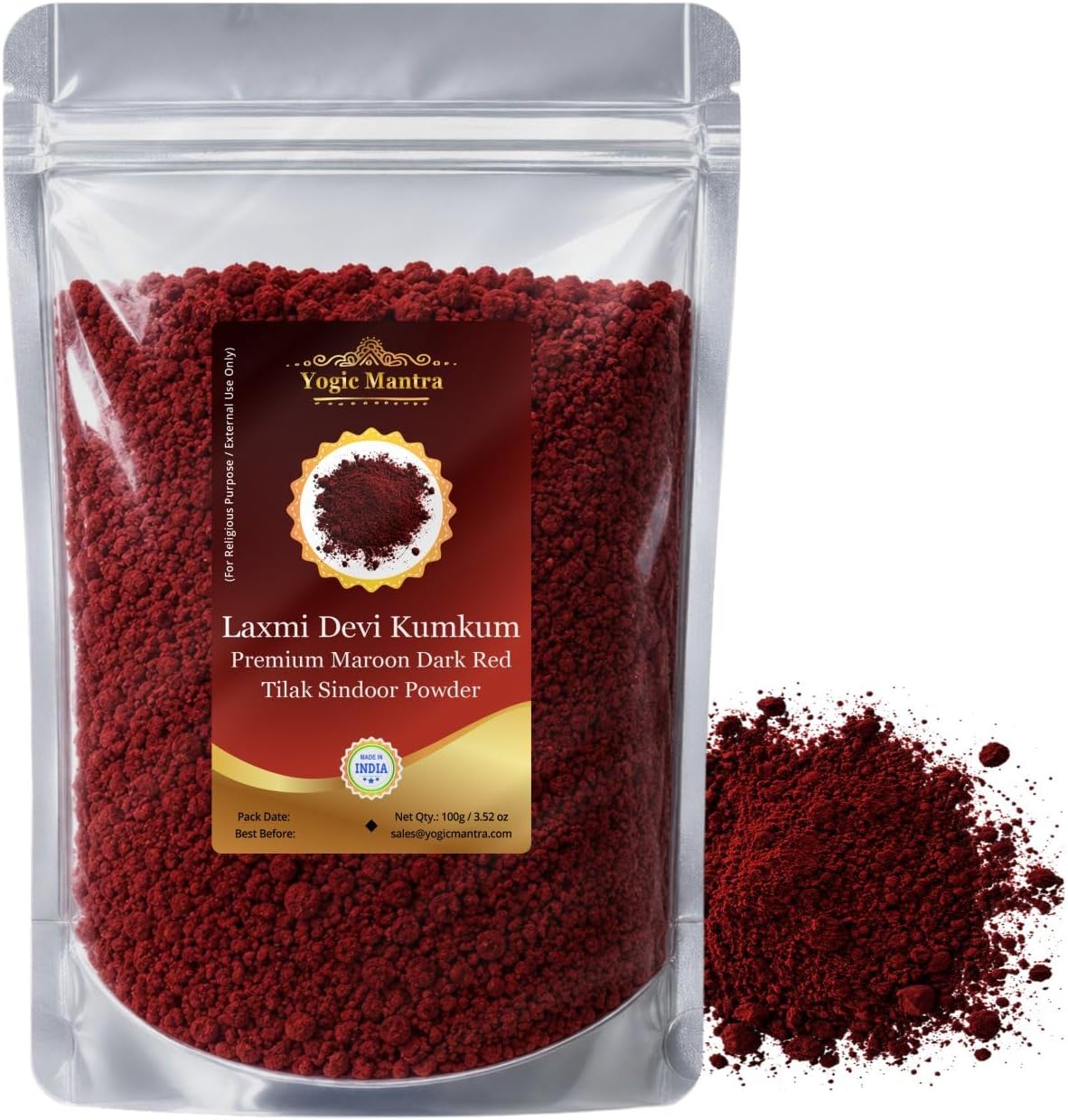 Yogic Mantra Kumkum Powder (100g Resealable Pouch) Premium Dark Red Maroon Color Sindoor Ceremonial Mark Sindur Laxmi Devi Hindu Pooja, Bridal Tilak, Suhag Tikka, Indian Rakhi Puja Religious Ceremony