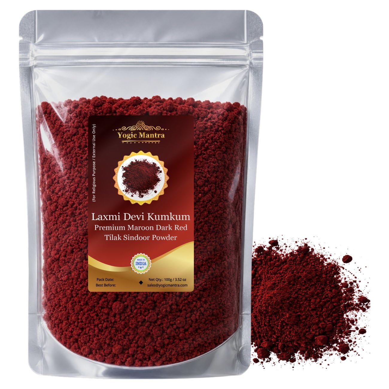 Yogic Mantra Kumkum en polvo (100 g bolsa resellable) Premium color granate oscuro perfumado Sindoor Ceremonial Mark – Laxmi Devi Hindu Pooja, Bridal Tilak, Suhag Tikka, Indian Rakhi & Puja Religious