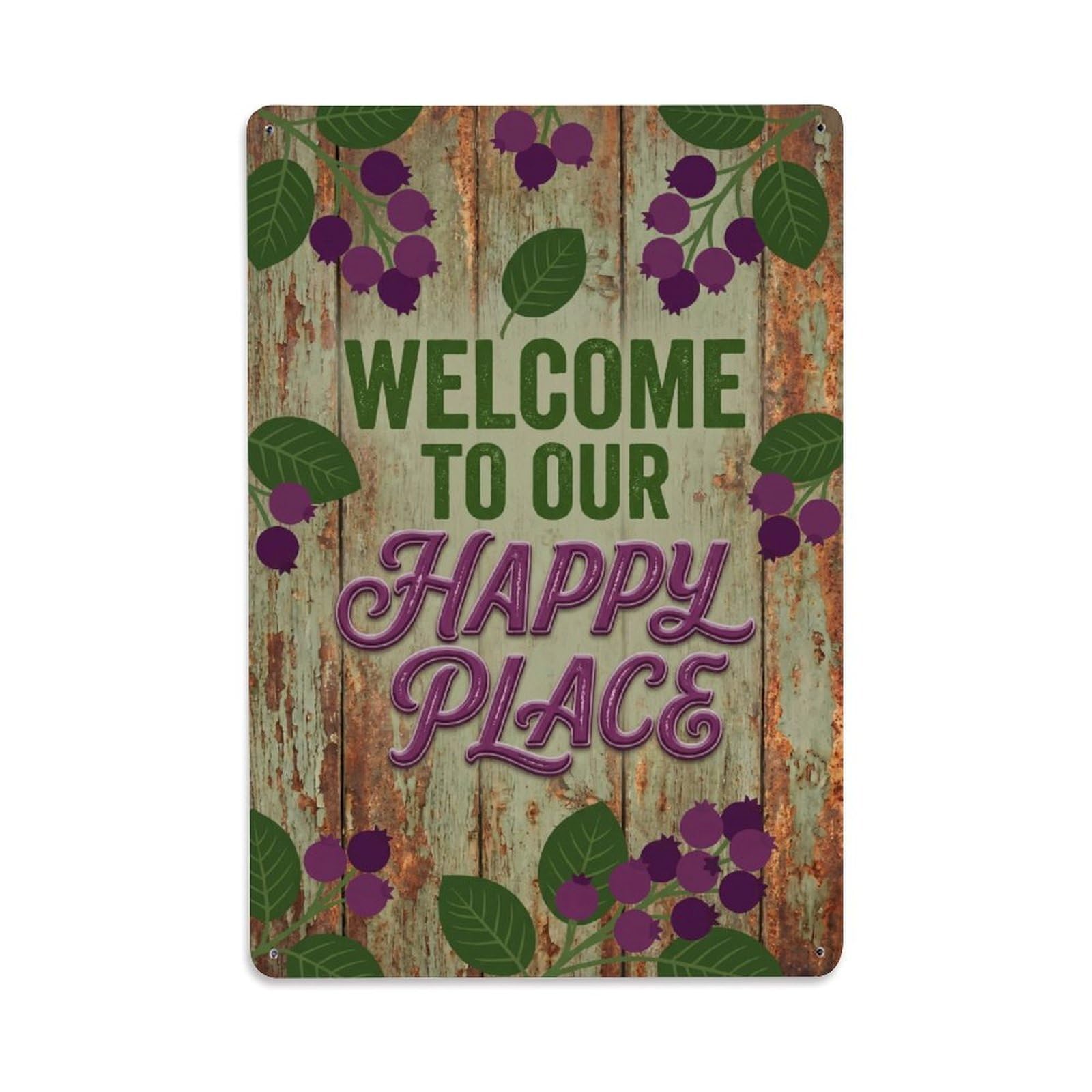 Okngb Style Silica Stone Welcome Happy Place Patina Frame Border Metal Tin Sign Plaque Wall Decor For Cafe, Man Cave, Club Bar, Office, Home Garden Round Metal Poster 8X12inch