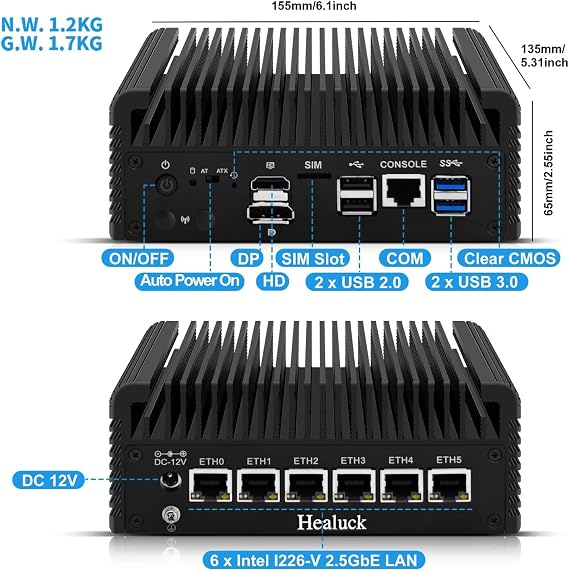 جهاز جدار الحماية Mini PC 2.5GBe،J6413 Fanless Firewall Router Micro Computer رباعي النواة،DDR4 8GB RAM 128GB SSD، 6X 2.5Gbe Lan/AES-NI/OPNsense/HD/DP/SIM/4USB/CONSOLE، شاشة عرض ثلاثية الشاشات