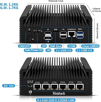 جهاز جدار الحماية Mini PC 2.5GBe،J6413 Fanless Firewall Router Micro Computer رباعي النواة،DDR4 8GB RAM 128GB SSD، 6X 2.5Gbe Lan/AES-NI/OPNsense/HD/DP/SIM/4USB/CONSOLE، شاشة عرض ثلاثية الشاشات