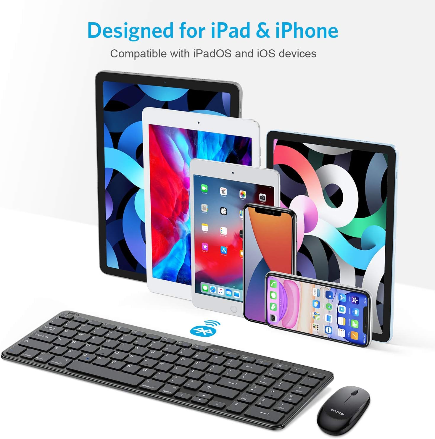 Bluetooth Keyboard and Mouse for iPad, OMOTON Wireless Keyboard and Mouse Combo for iPad 8th/7th Gen, iPad Pro 11/12.9, iPad Air 4/3, (iPadOS 13 and Above) and Other Bluetooth Enabled Devices, Black