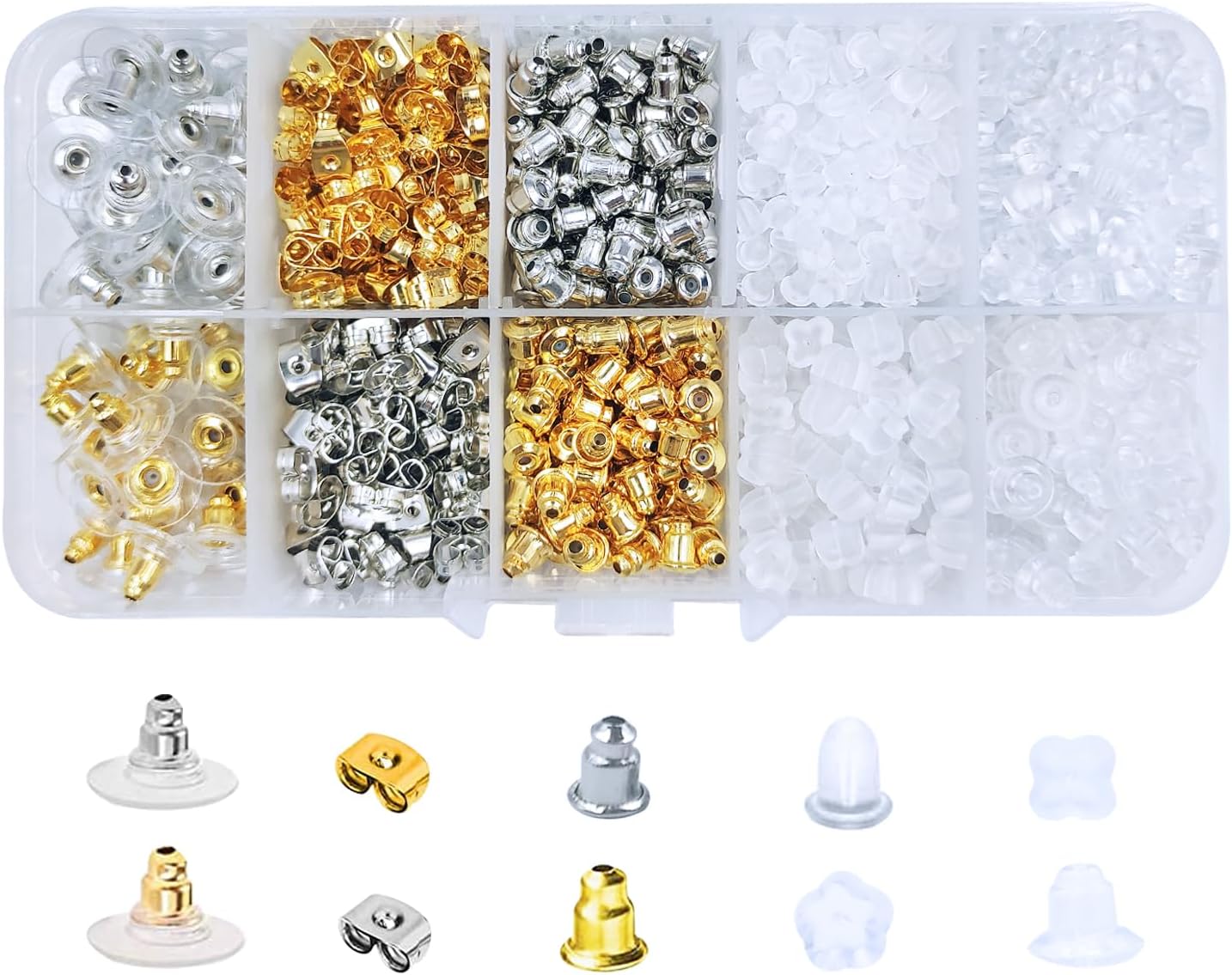 1080pcs Earring Backs Replacements, Silicone Plastic Earring Backs for Studs, Hypoallergenic Rubber Earrings Backs Soft Clear Stoppers, Pierced Earing Backs Kits for Earring Hooks (10styles)