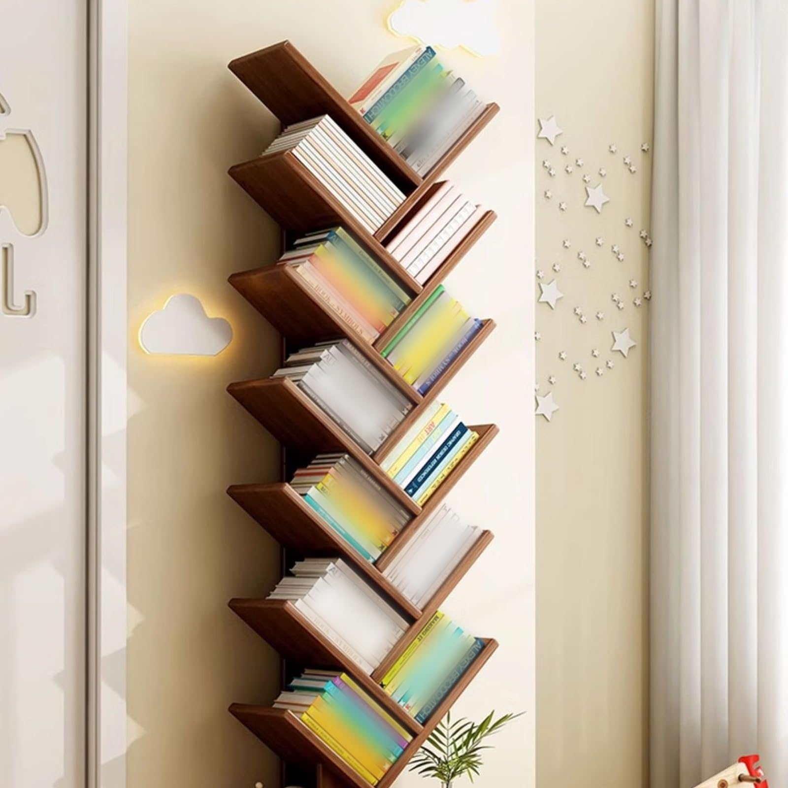 Libreria Verticale a Colonna Libreria Cameretta Bambina Realizzato in Legno Massello, con Armadi, Forte capacità Portante, Librerie da Terra per Ufficio e Casa(A,34 * 20 * 139CM)