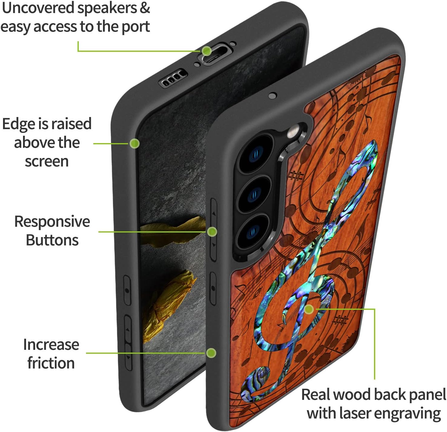 Carveit Designer Wooden Case for Samsung Galaxy S23 Cover [Wood Engraving & Shell Inlay] Unique Wood Phone Case Compatible with Wireless Chargers Galaxy S23 Case (Musical Note-Rosy)