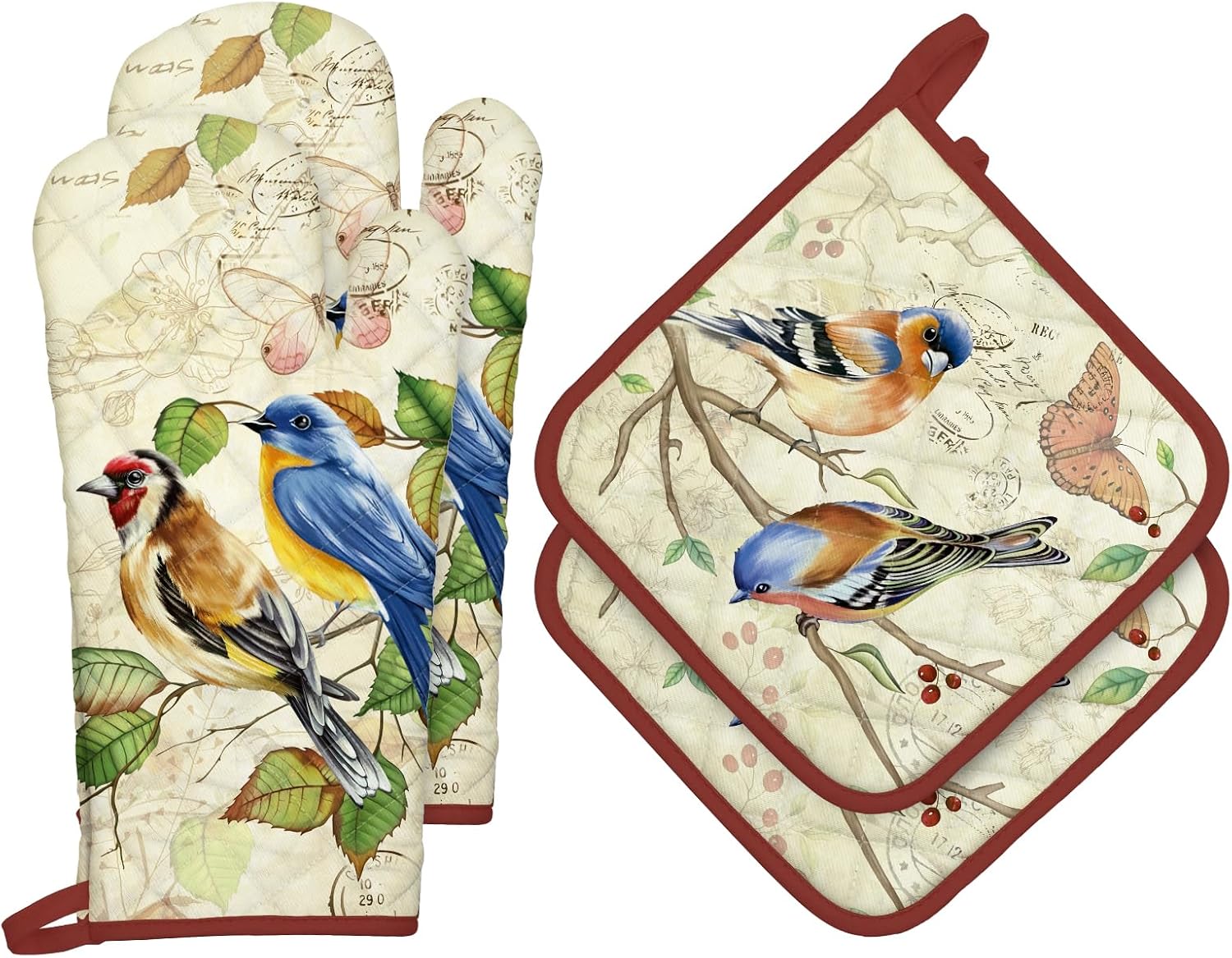 Bird Branch Oven Mitts and Pot Holders Sets 2Pcs, 100% Cotton Heat Resistant, Extra Long Oven Gloves Potholder for Kitchen Cooking Baking Decoration, Housewarming Gifts for Mom