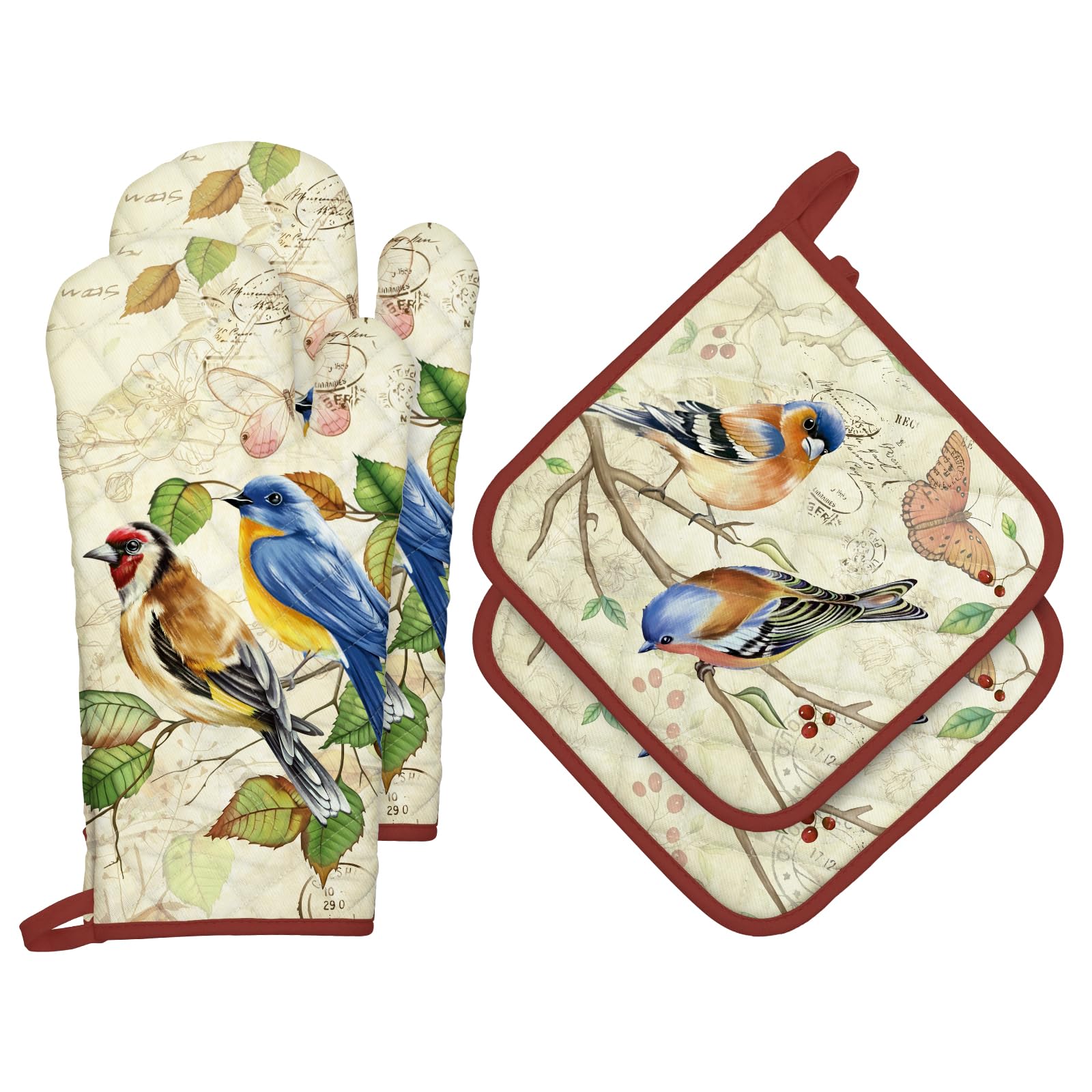 Gants de four et maniques en coton motif oiseau rétro pour cuisine