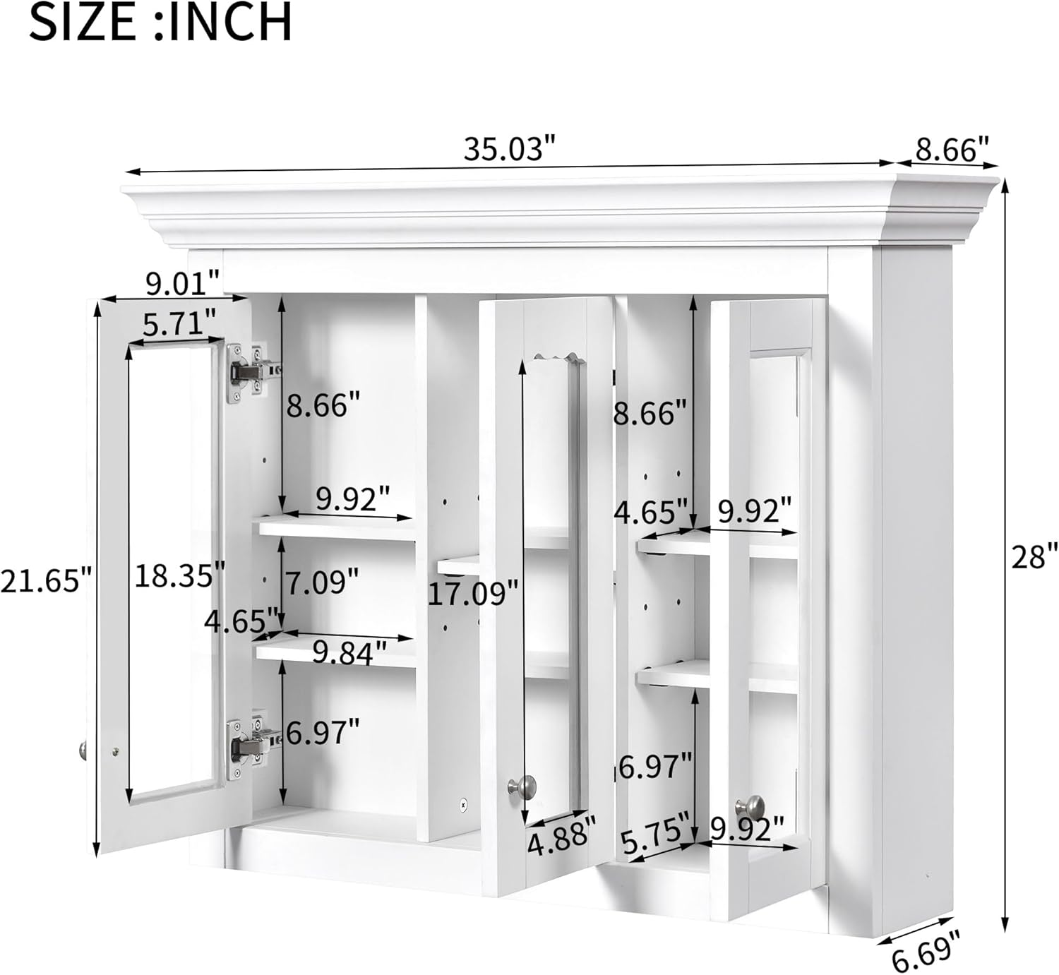 Merax 35" Bathroom Wall Cabinet with Mirror, Wall Mounted Bathroom Medicine Cabinet with Glass Doors and Adjustable Shelves, Powder Room Mirrored Door Over Toilet Storage Cabinet, Painted White