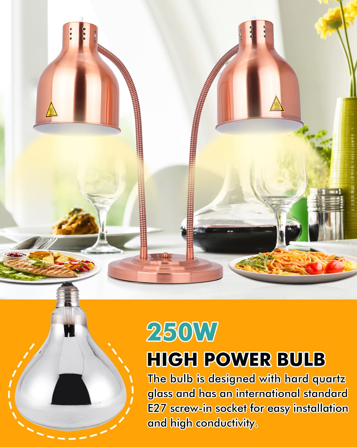 YJINGRUI Lampada termica per alimenti autoportante, 2 lampade riscaldanti da 250 W, per alimenti con tubo flessibile estensibile fino a 70 cm, per buffet ristorante cucina (Double Bulbs)