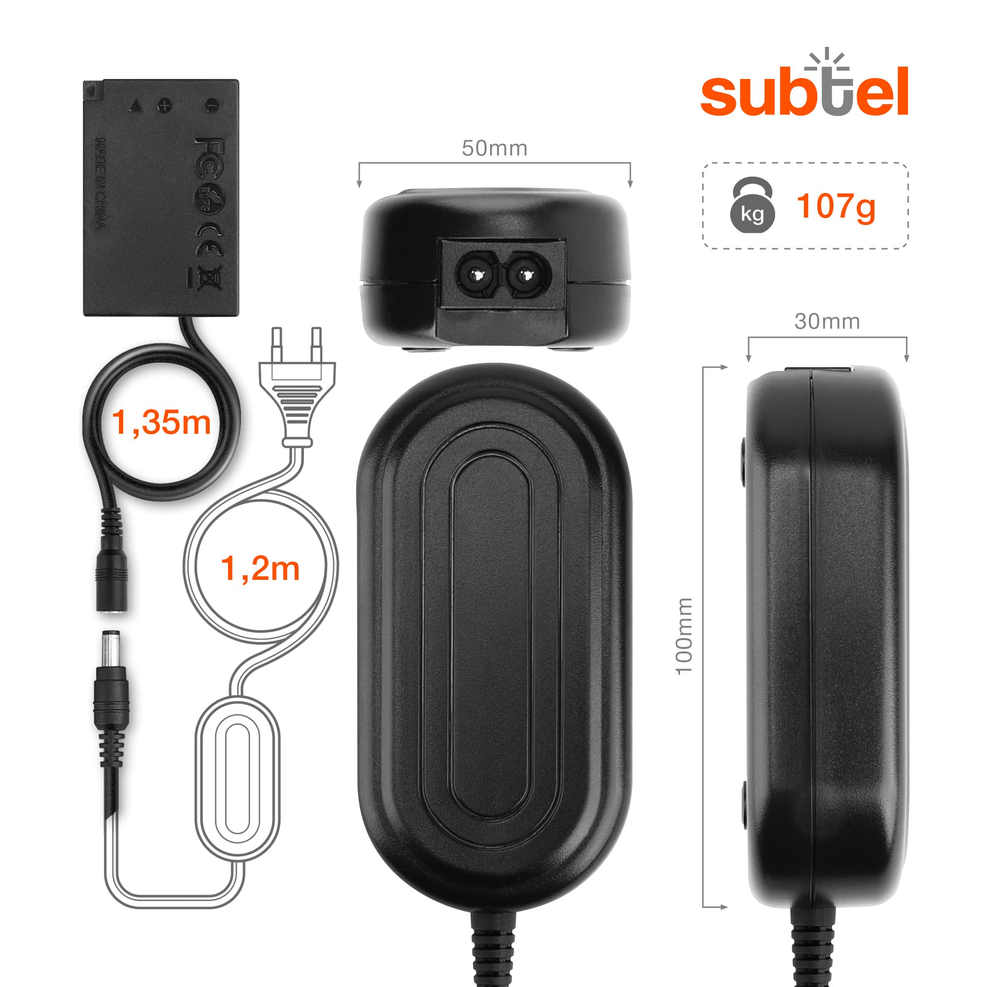 subtel Fuente de alimentación Compatible con ca. 3m ACK-E18 + Acoplador DC Alimentador DC Coupler, Dummy Battery
